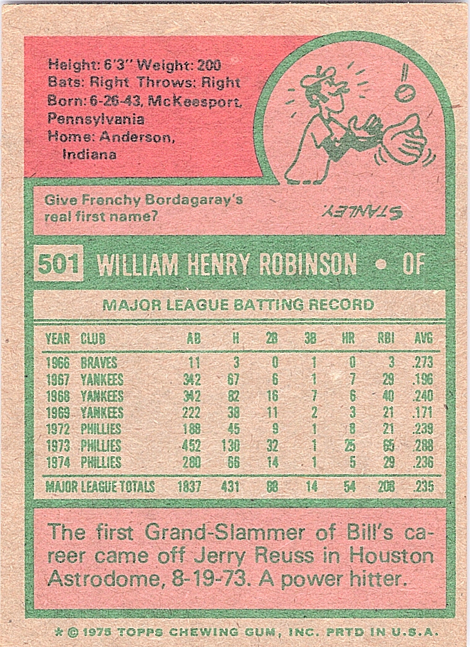 1975 Topps Bill Robinson #501 Philadelphia Phillies Excellent