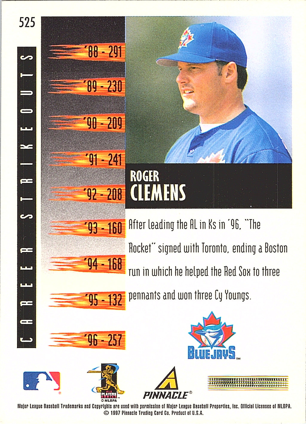 1997 Score Roger Clemens #525 Toronto Blue Jays Excellent