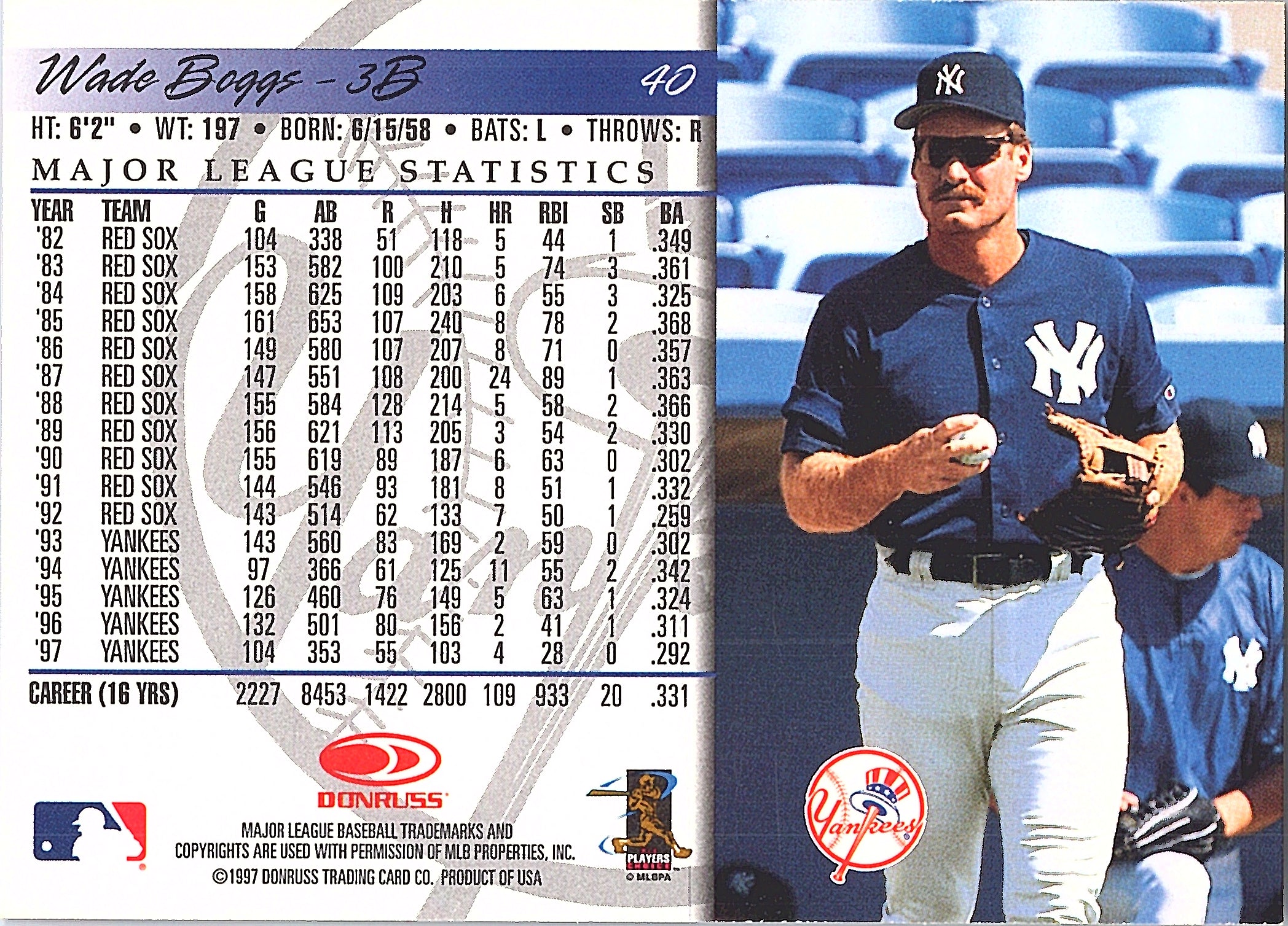 1998 Donruss Wade Boggs #40 New York Yankees Excellent