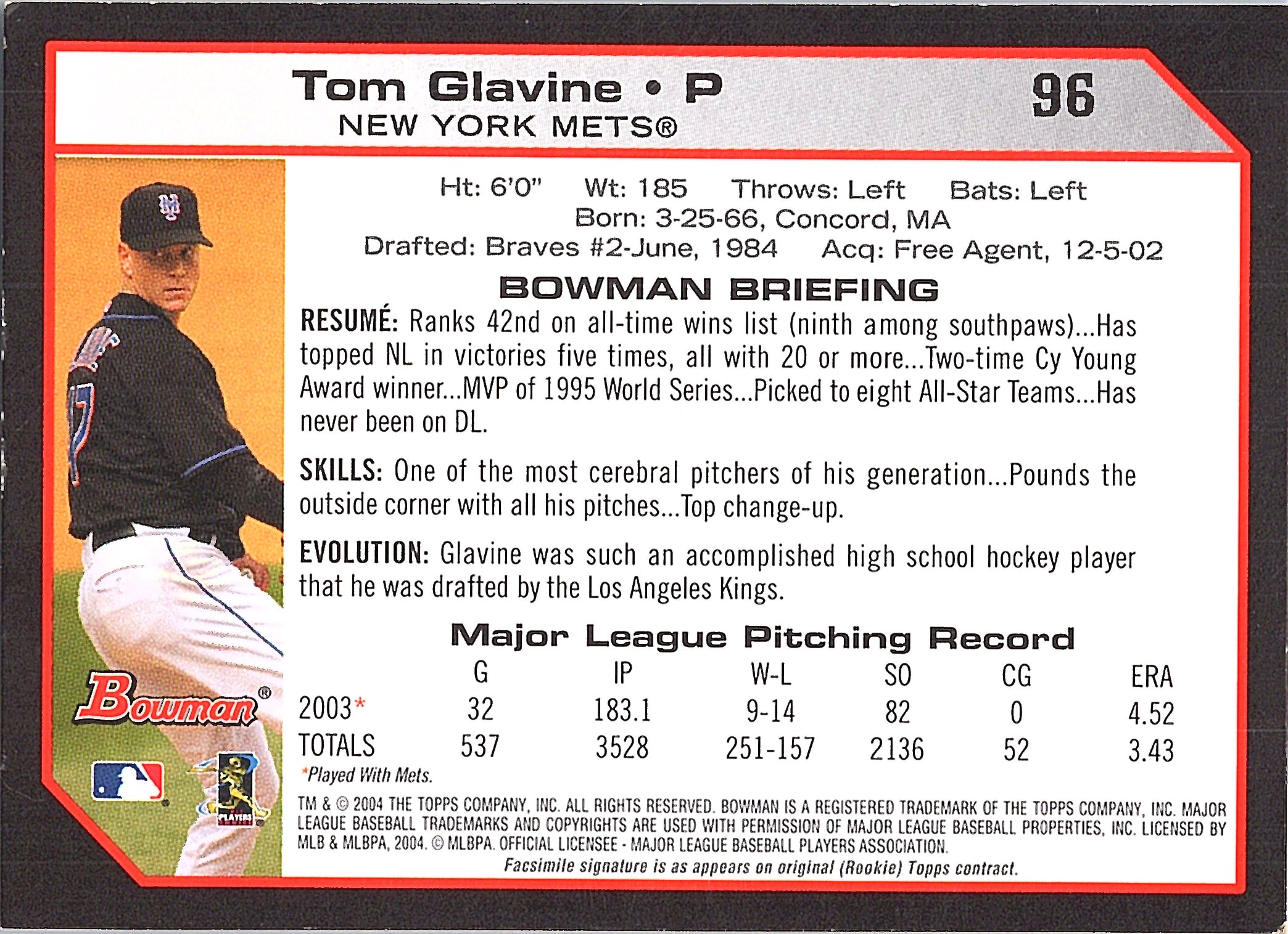 2004 Bowman Tom Glavine #96 New York Mets Excellent