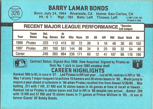 1988 Donruss Barry Bonds #326 Pittsburgh Pirates Excellent