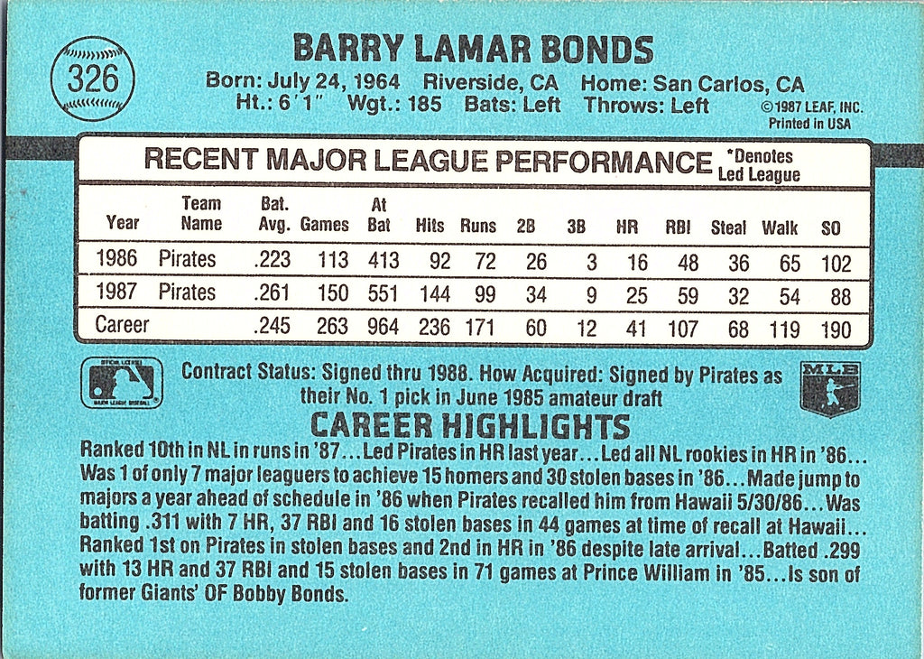 1988 Donruss Barry Bonds #326 Pittsburgh Pirates Excellent