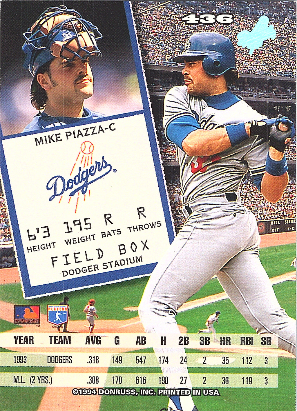 1994 Leaf Mike Piazza #6 Promotional Samples Los Angeles Dodgers Excellent