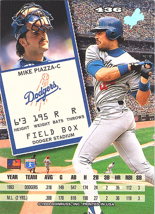 1994 Leaf Mike Piazza #6 Promotional Samples Los Angeles Dodgers Excellent
