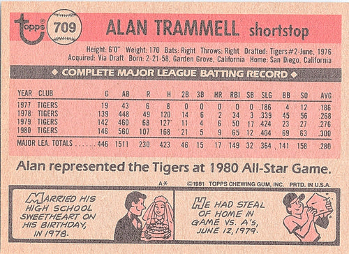 1981 Topps Alan Trammell #709 Detroit Tigers Excellent