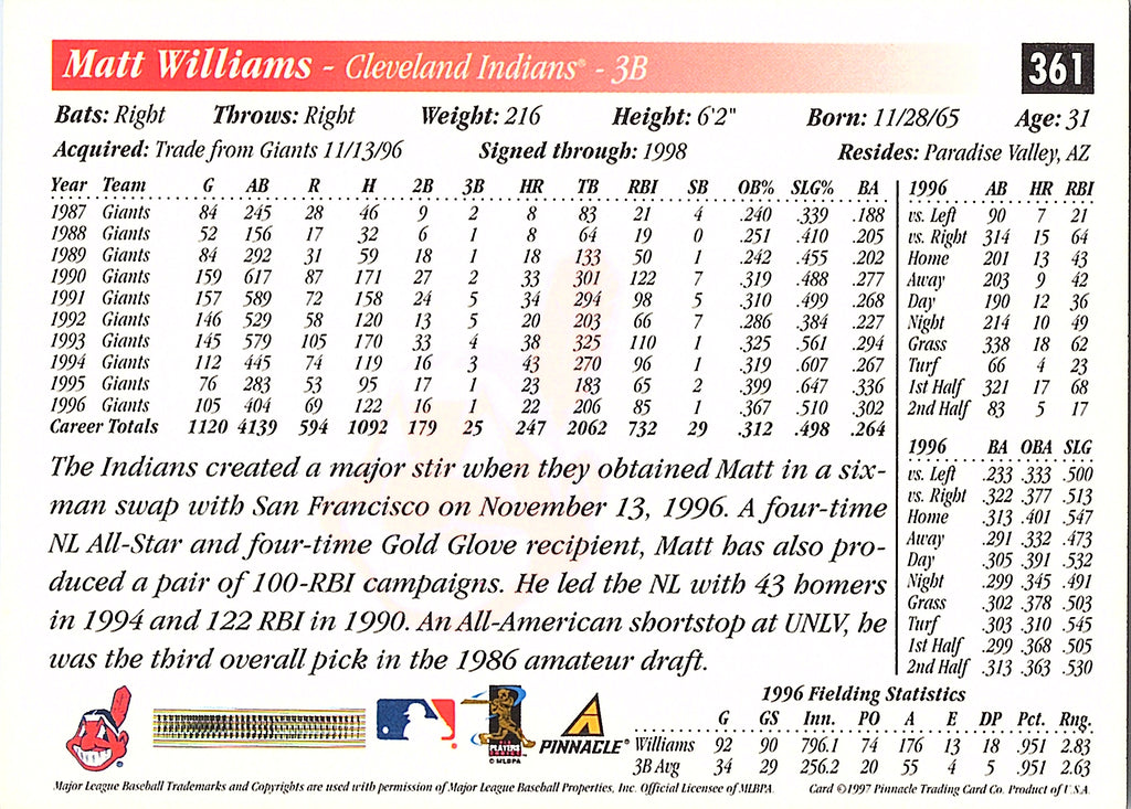 1997 Score Matt Williams #361 Cleveland Indians Excellent