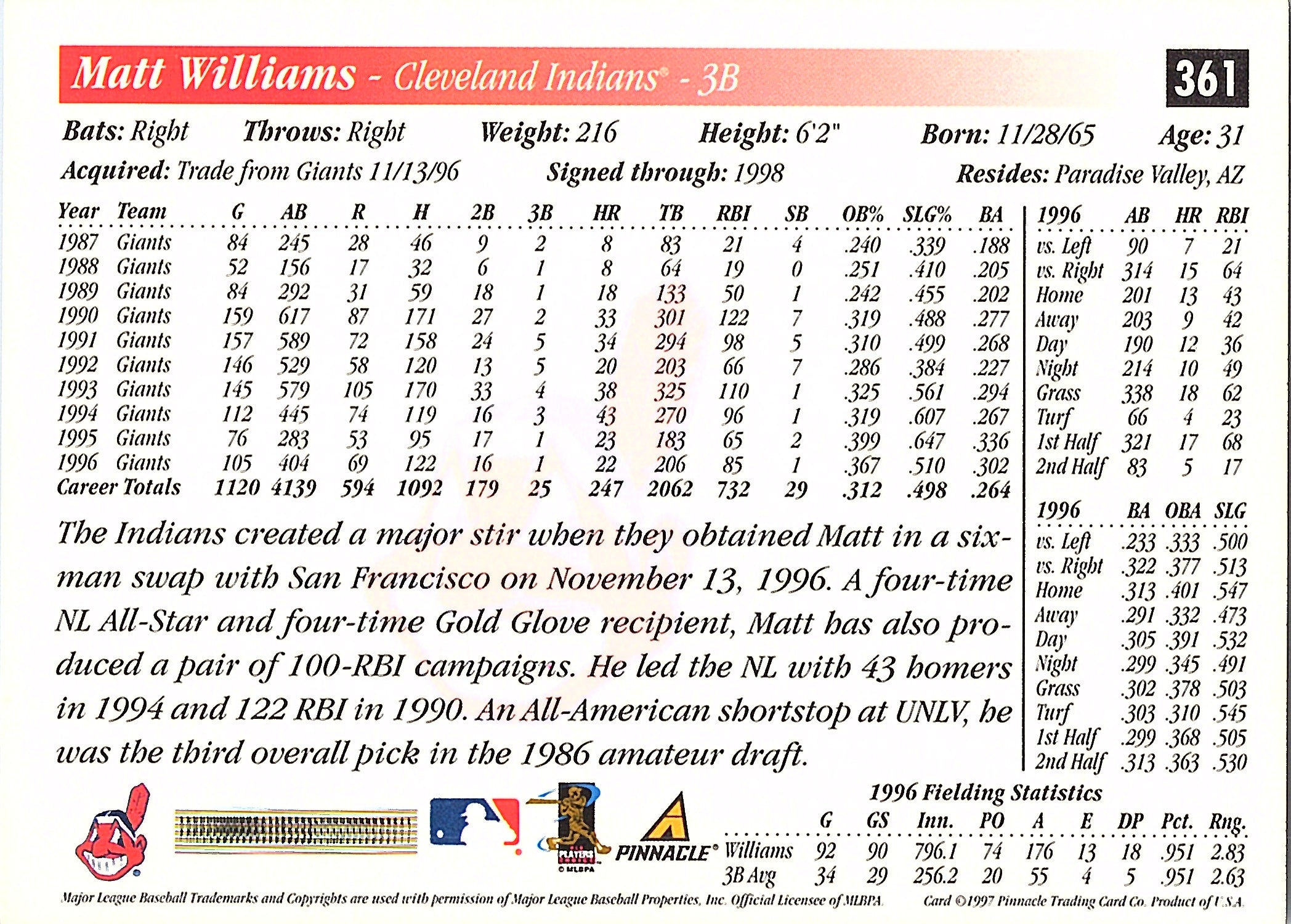 1997 Score Matt Williams #361 Cleveland Indians Excellent