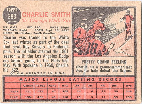 1962 Topps Charlie Smith #283 White Sox Rookie All-Star Cup Card; EX