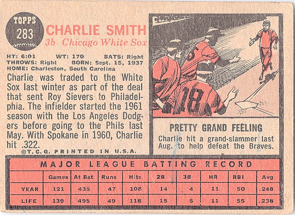 1962 Topps Charlie Smith #283 White Sox Rookie All-Star Cup Card; EX