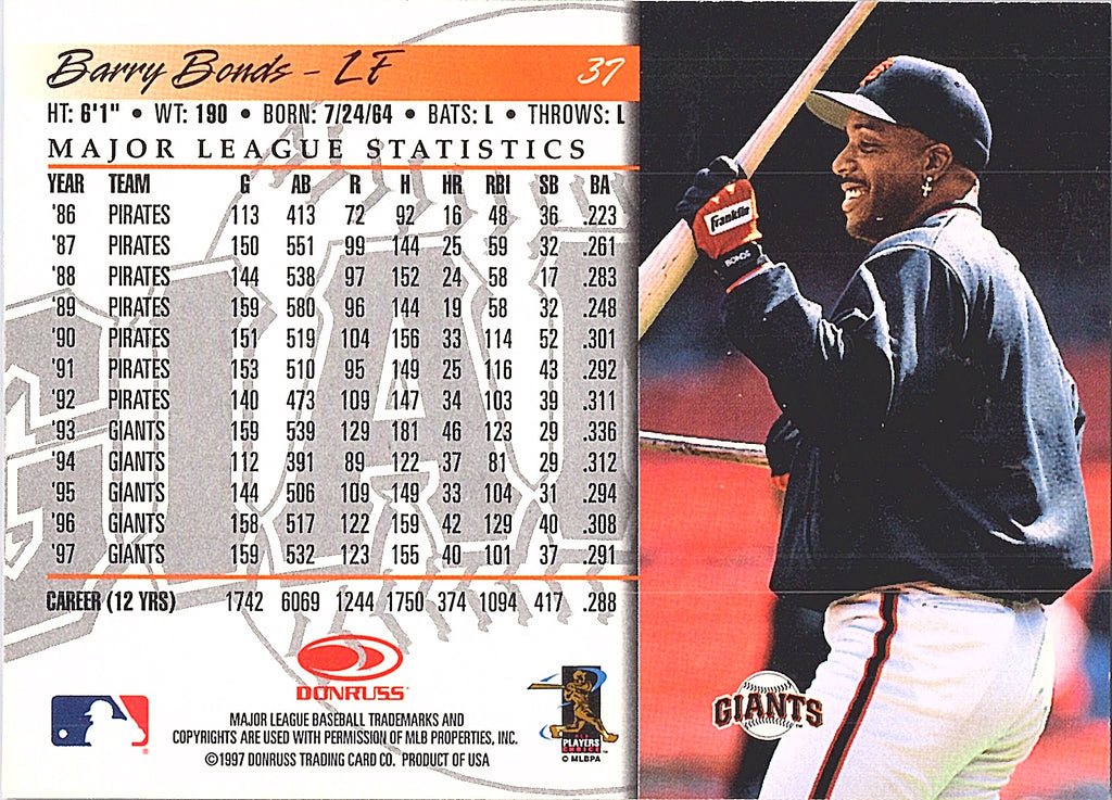 1998 Donruss Barry Bonds #37 San Francisco Giants Excellent