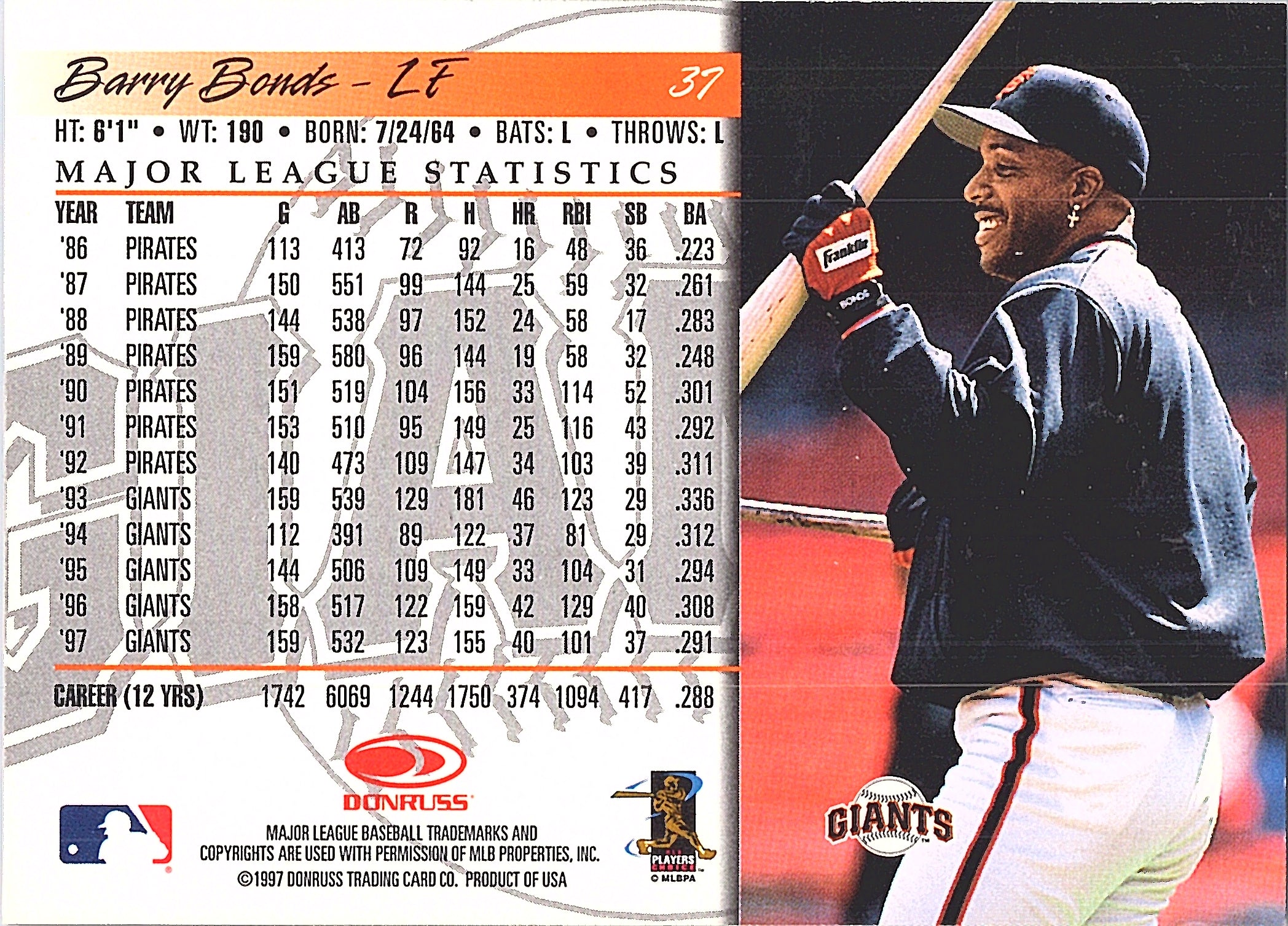 1998 Donruss Barry Bonds #37 San Francisco Giants Excellent