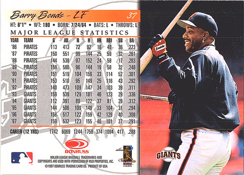 1998 Donruss Barry Bonds #37 San Francisco Giants Excellent