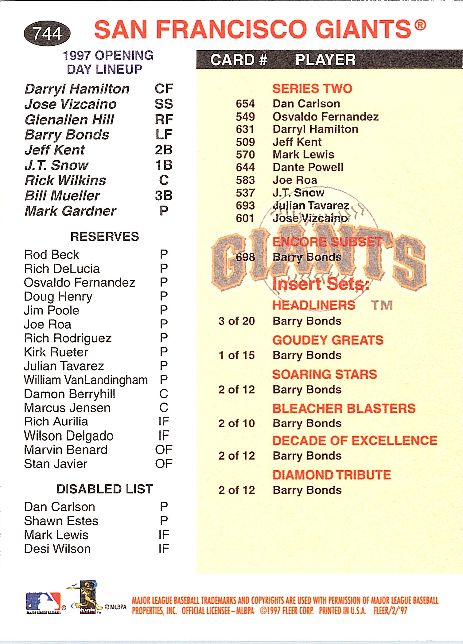 1997 Fleer Barry Bonds #744 Checklist Card San Francisco Giants Excellent