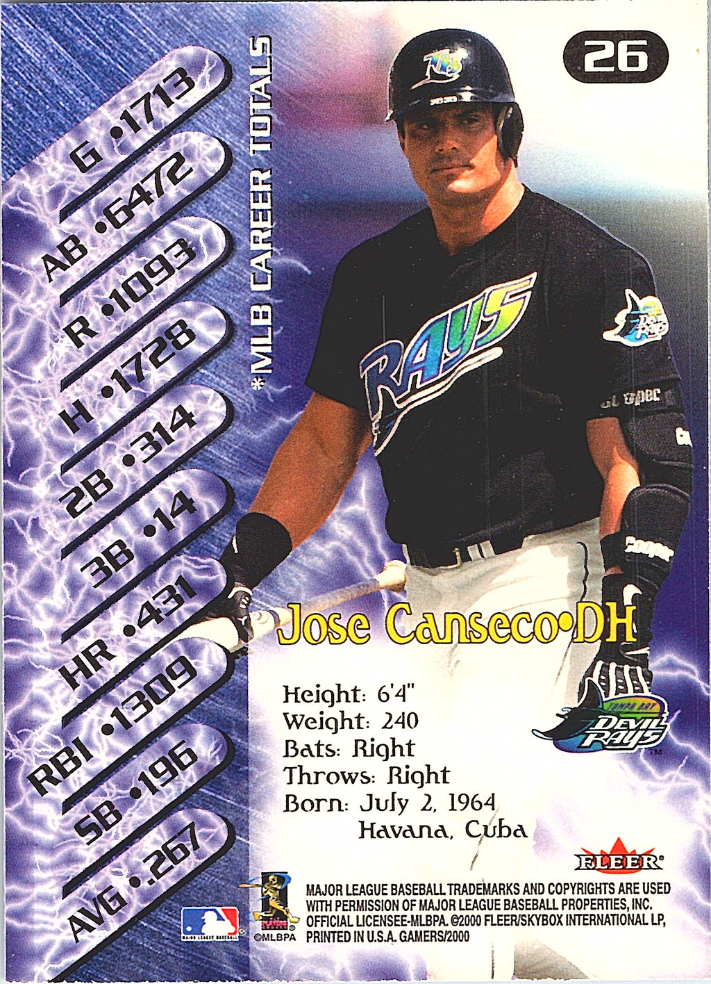 2000 Fleer Gamers Jose Canseco #26 Tampa Bay Devil Rays Excellent