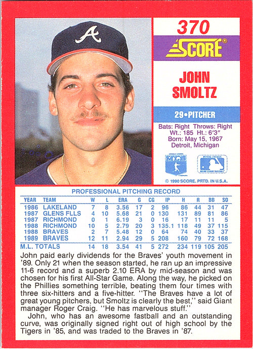 1990 Score John Smoltz #370 Atlanta Braves Excellent