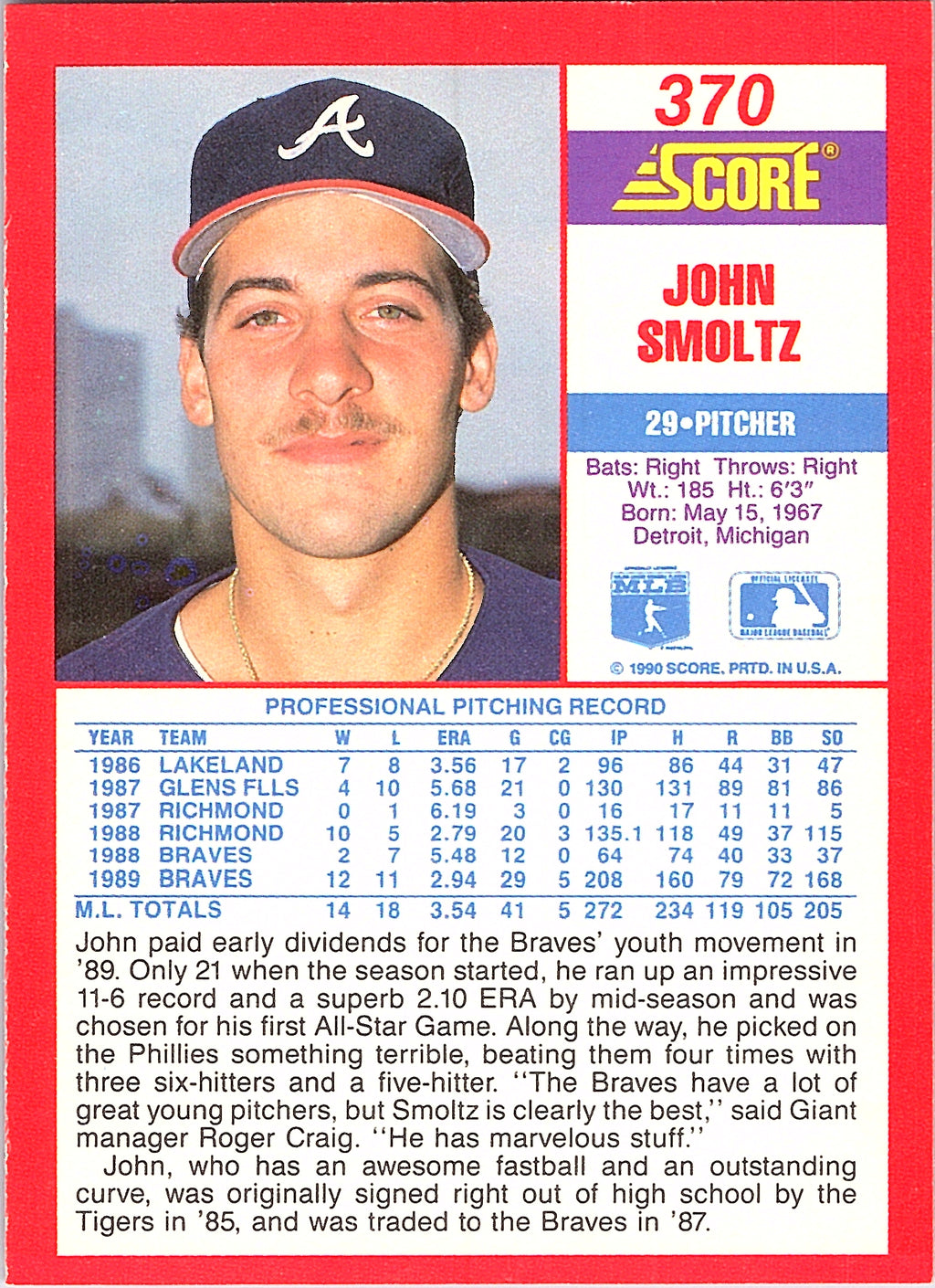 1990 Score John Smoltz #370 Atlanta Braves Excellent