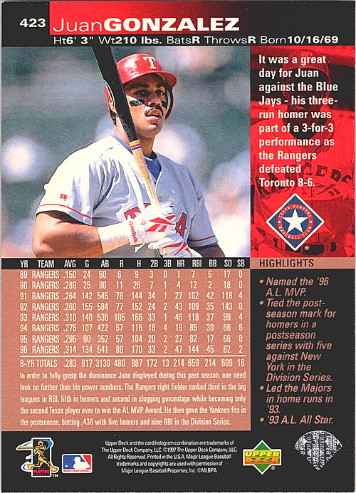 1997 Upper Deck Juan Gonzalez #423 Texas Rangers Excellent