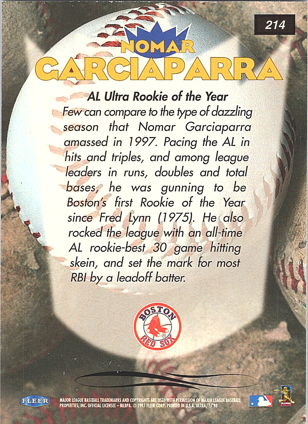 1998 Ultra Nomar Garciaparra #214 Boston Red Sox Excellent