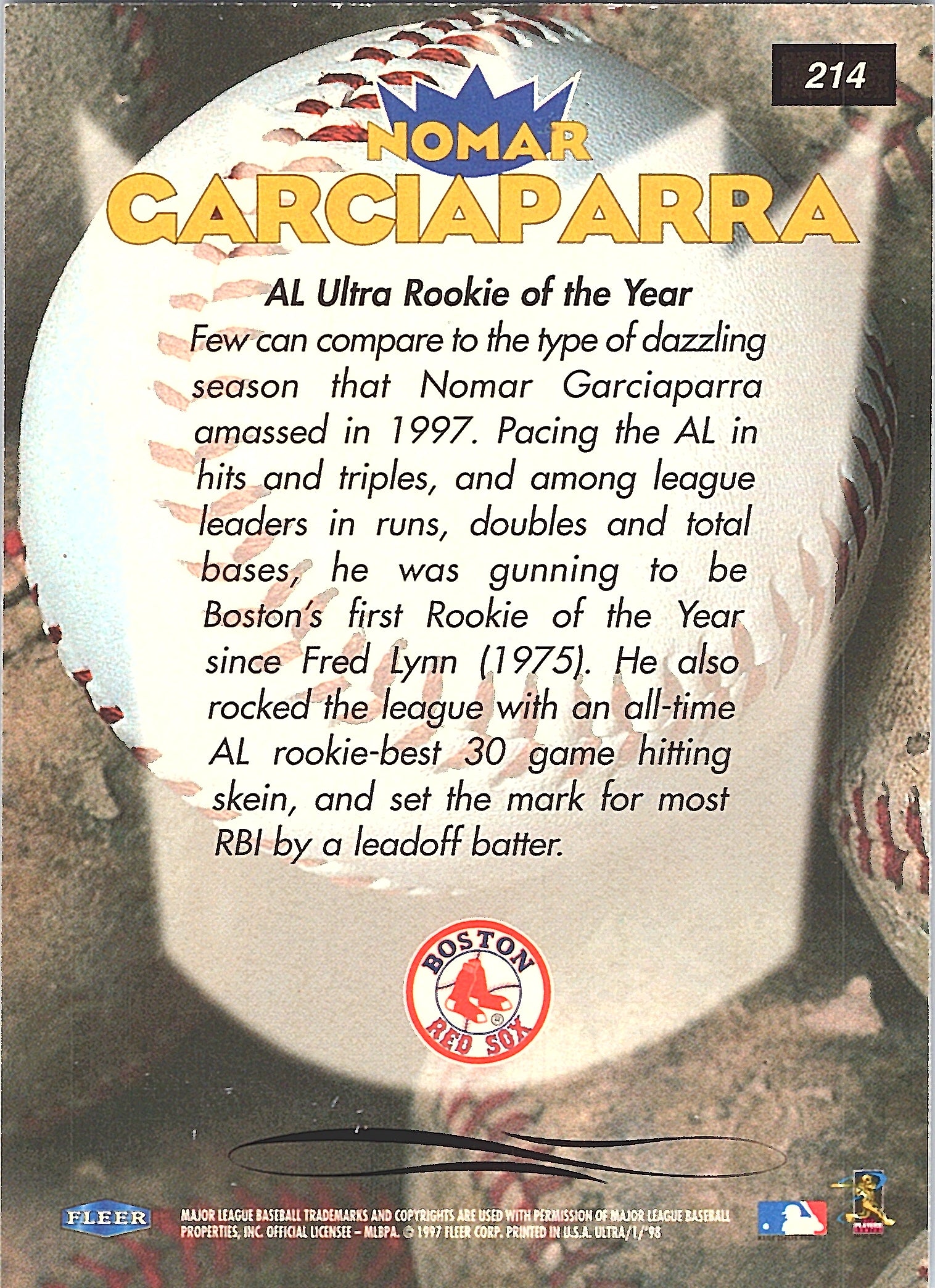 1998 Ultra Nomar Garciaparra #214 Boston Red Sox Excellent