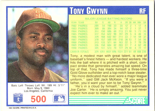 1991 Score Tony Gwynn #500 San Diego Padres Excellent