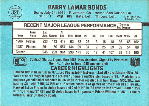 1988 Donruss Barry Bonds #326 Pittsburgh Pirates Excellent