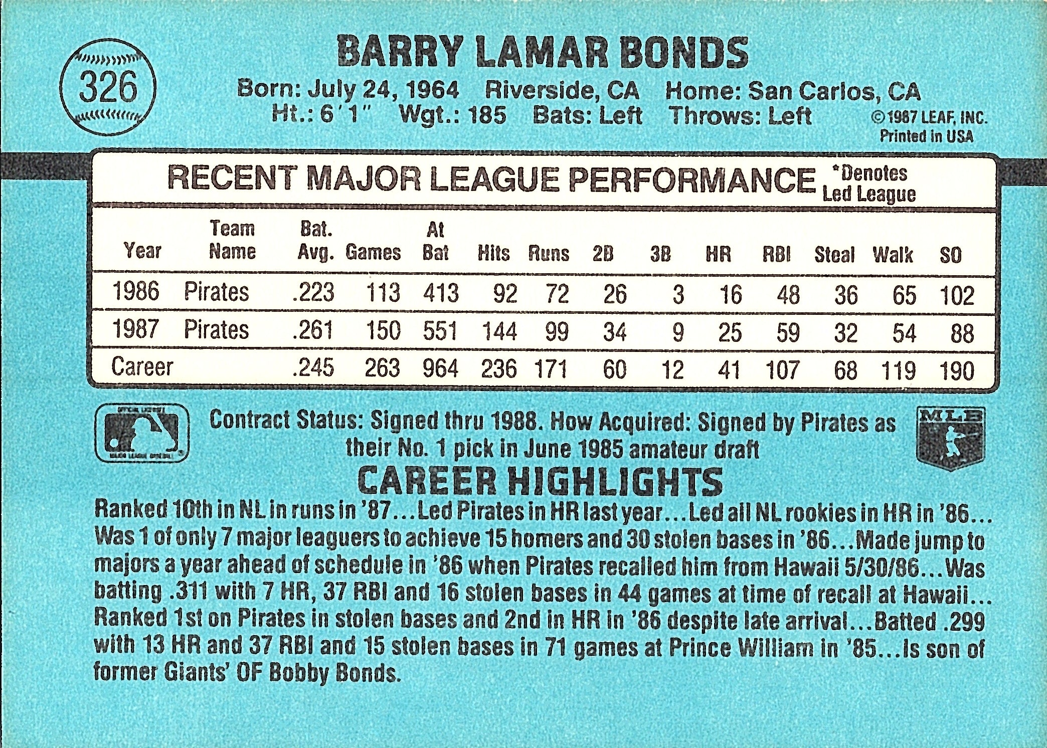 1988 Donruss Barry Bonds #326 Pittsburgh Pirates Excellent