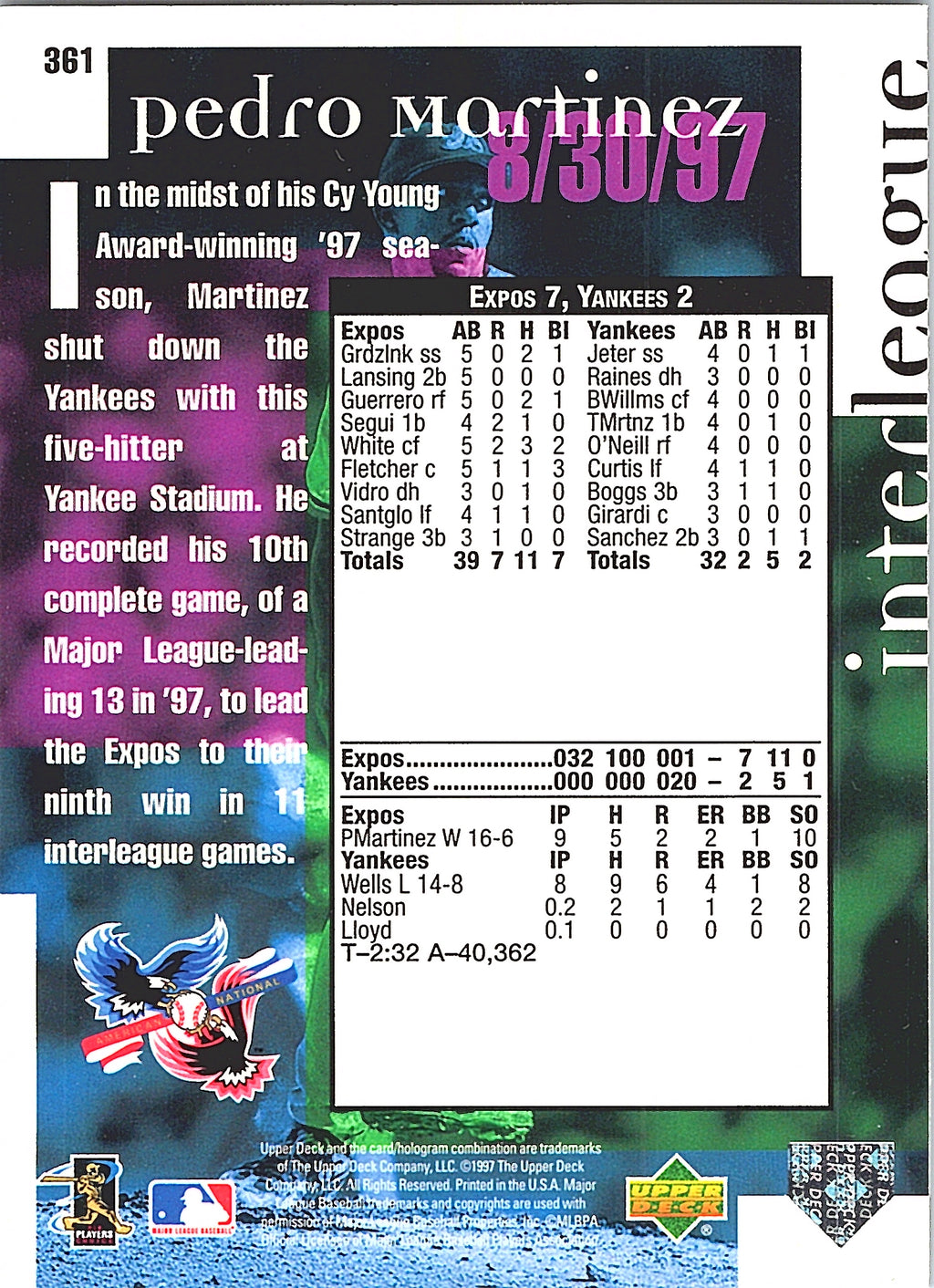1998 Upper Deck Pedro Martinez #361 Montreal Expos Excellent