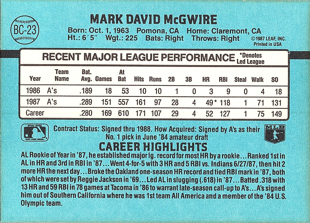 1988 Donruss Mark McGwire #BC-23 Bonus MVPs Oakland Athletics Excellent