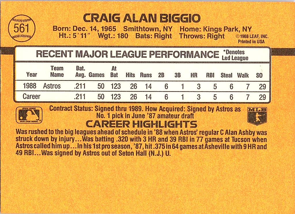 1989 Donruss Craig Biggio #561d Houston Astros Excellent