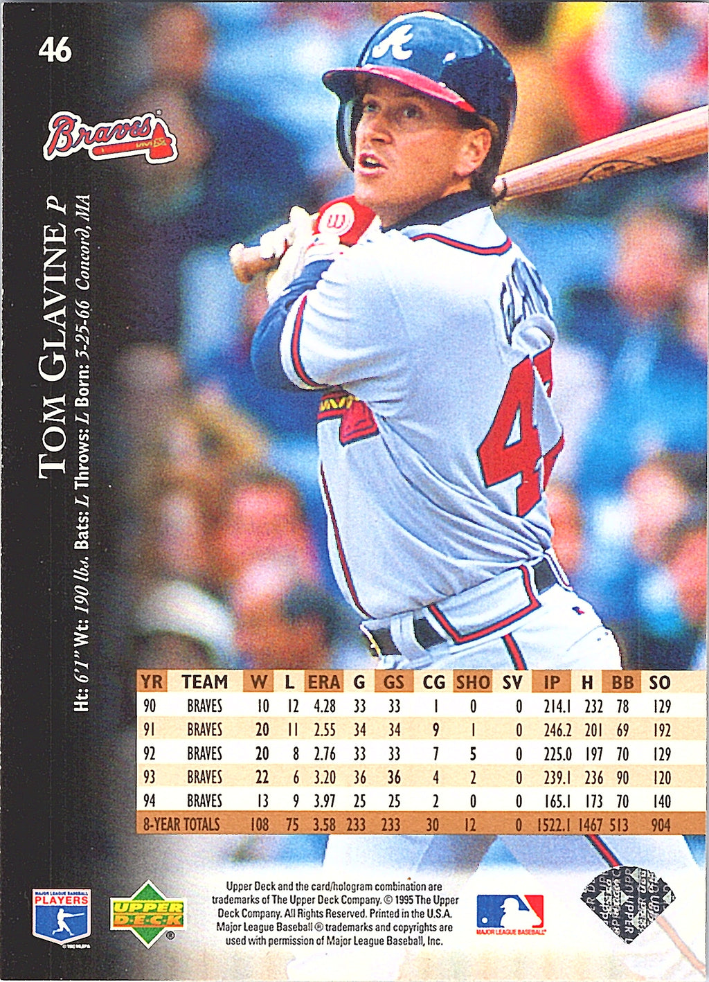 1995 Upper Deck Tom Glavine #46 Atlanta Braves Excellent