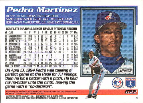 1995 Topps Pedro Martinez #622 Montreal Expos Excellent