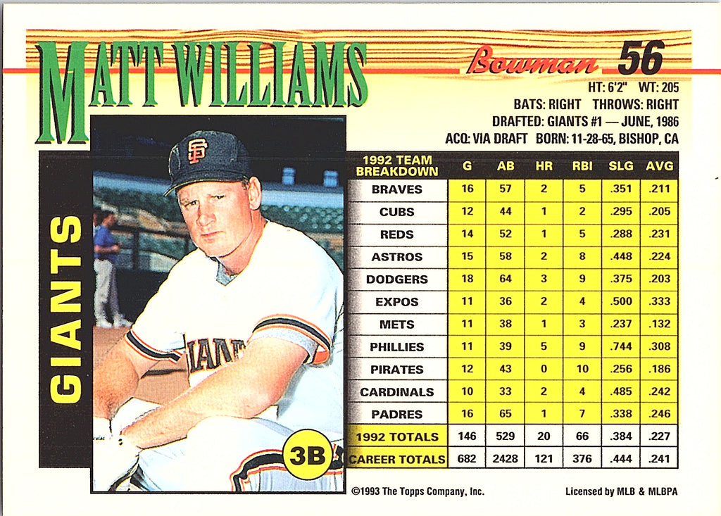 1993 Bowman Matt Williams #56 San Francisco Giants Excellent