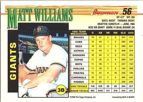 1993 Bowman Matt Williams #56 San Francisco Giants Excellent