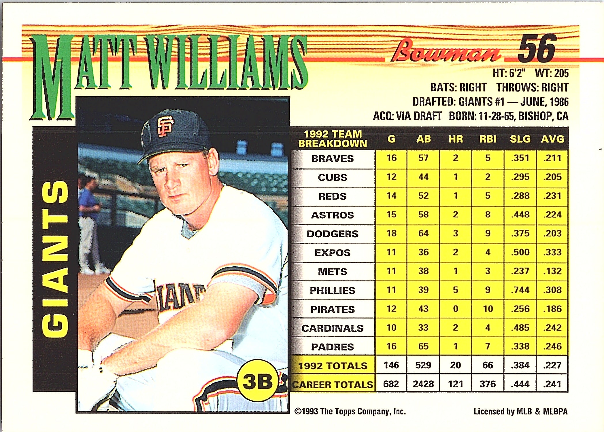 1993 Bowman Matt Williams #56 San Francisco Giants Excellent