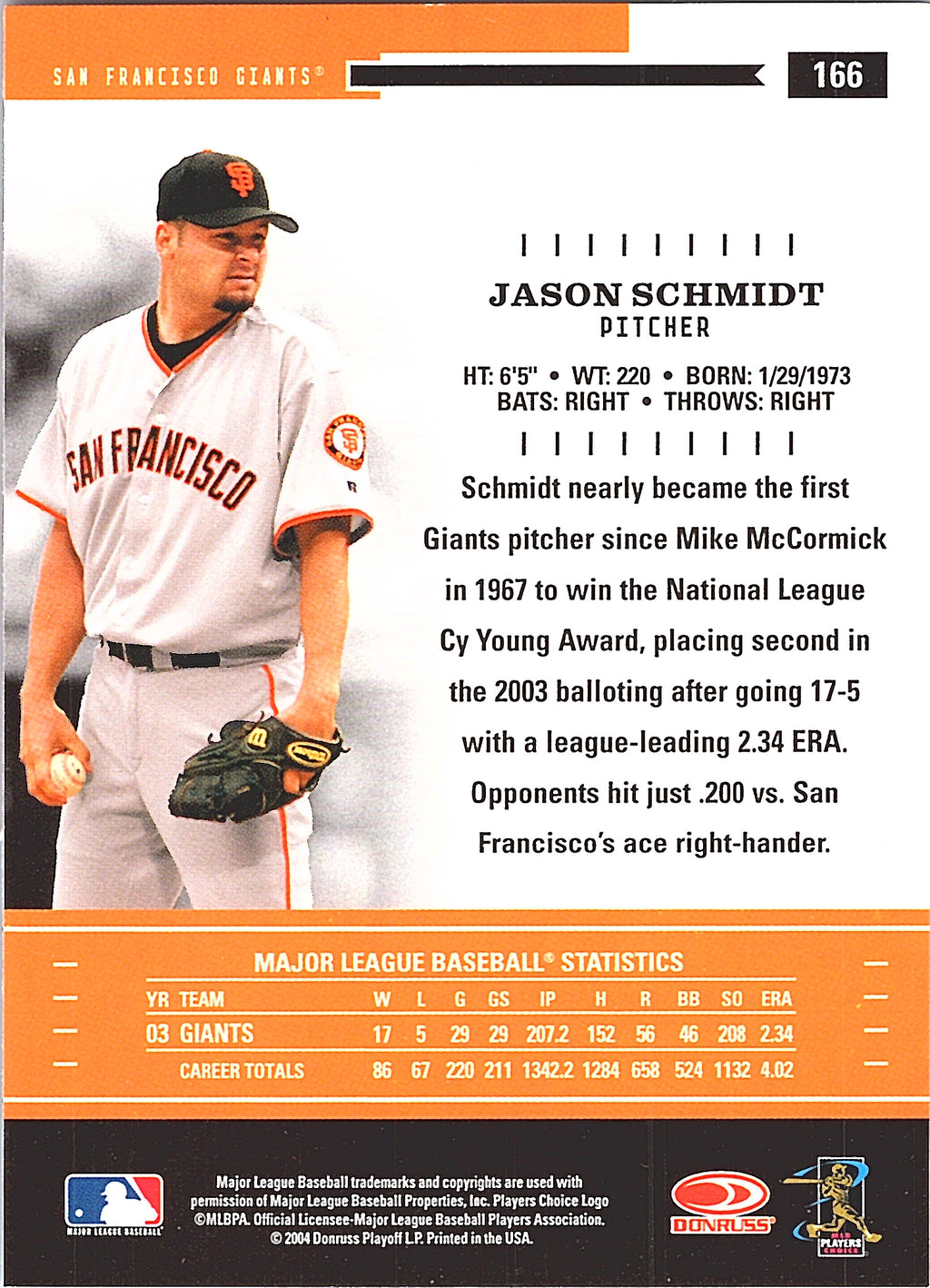 2004 Donruss Throwback Threads Jason Schmidt #166 San Francisco Giants Excellent