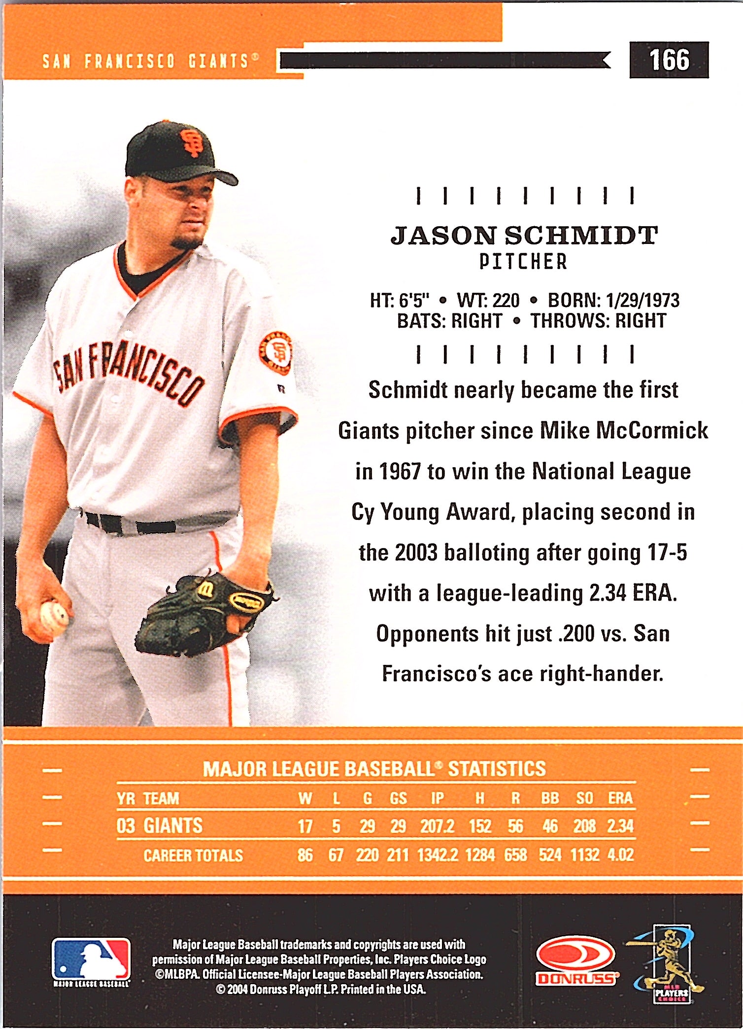 2004 Donruss Throwback Threads Jason Schmidt #166 San Francisco Giants Excellent