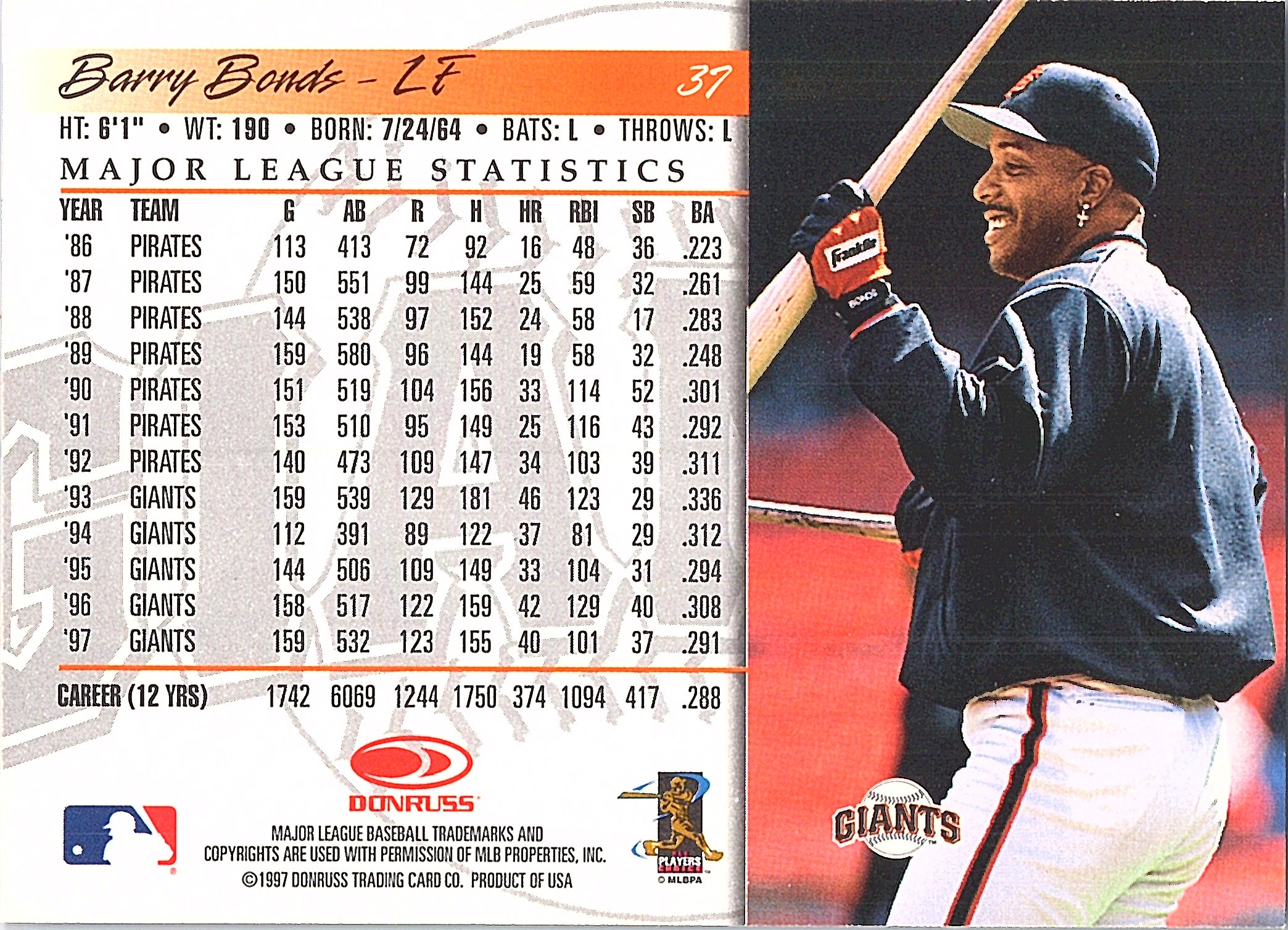 1998 Donruss Barry Bonds #37 San Francisco Giants Excellent