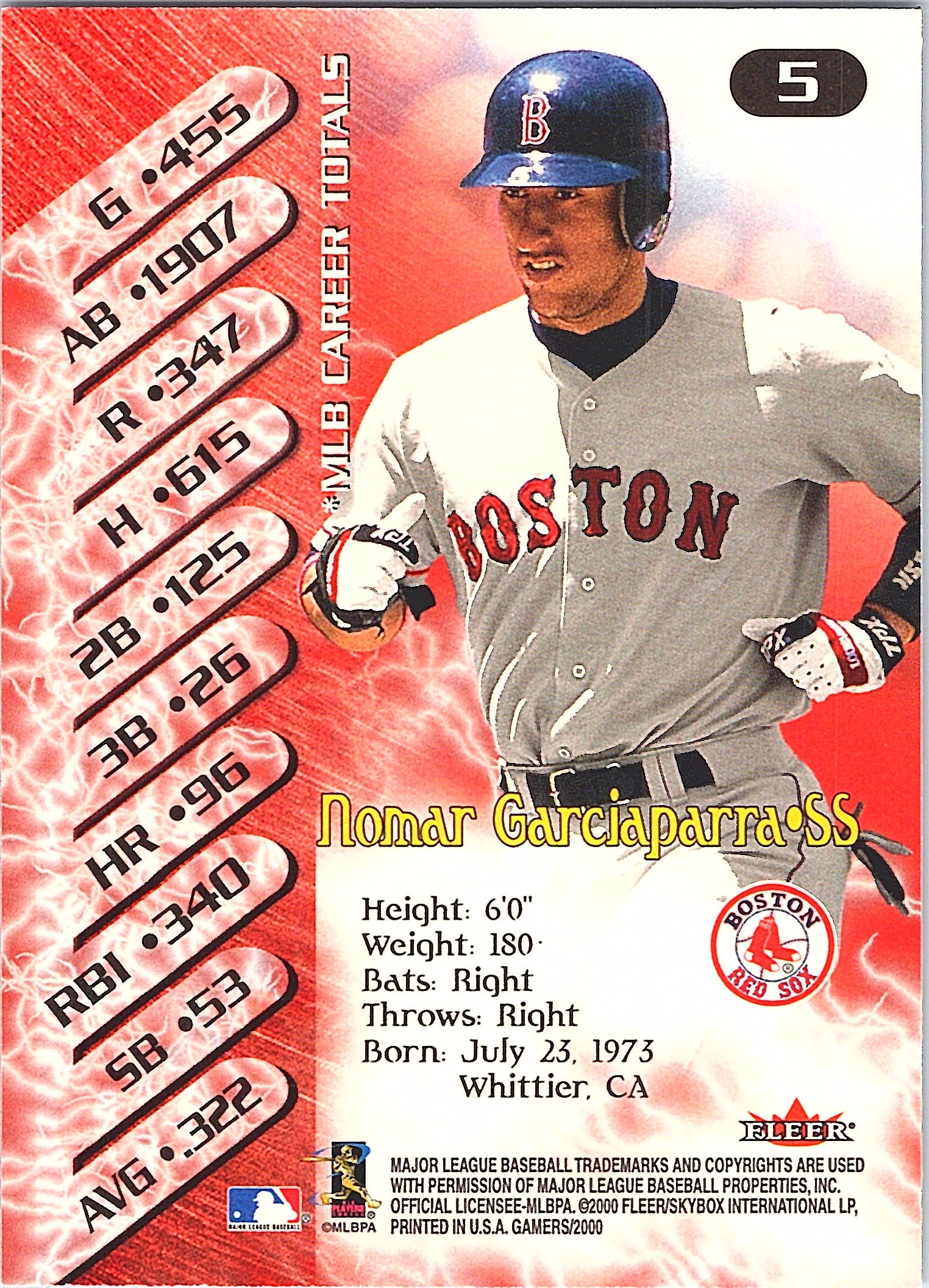 2000 Fleer Gamers Nomar Garciaparra #5 Boston Red Sox Excellent