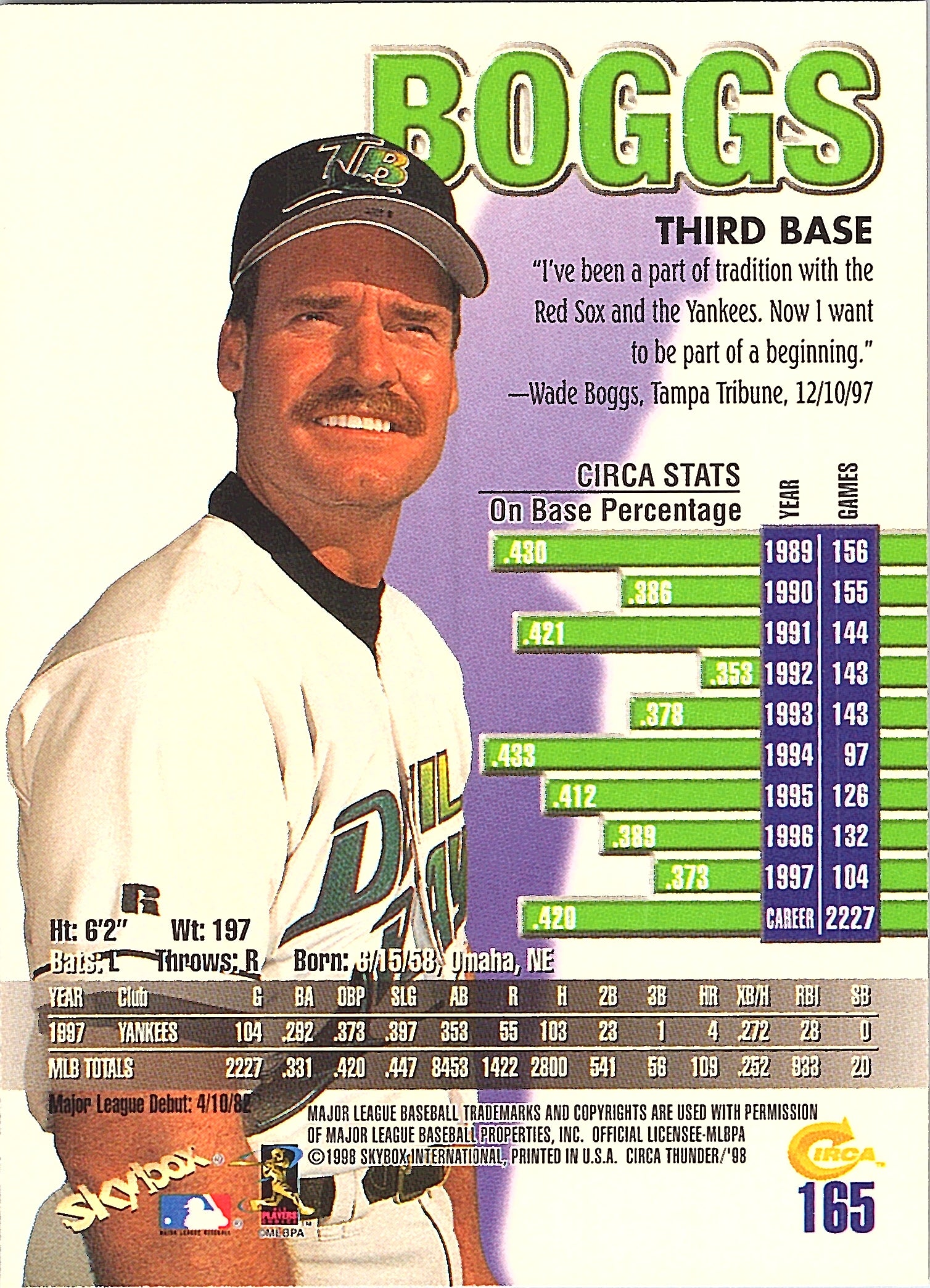 1998 Circa Thunder Wade Boggs #165 Tampa Bay Devil Rays Excellent