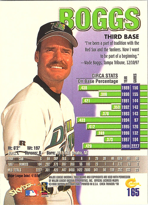 1998 Circa Thunder Wade Boggs #165 Tampa Bay Devil Rays Excellent