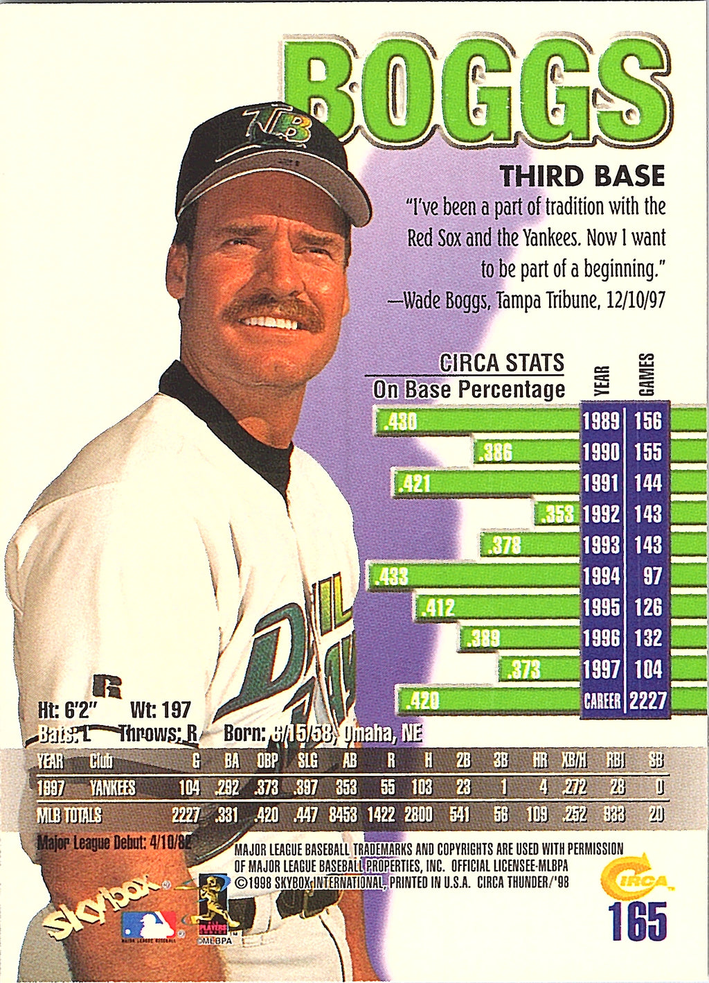 1998 Circa Thunder Wade Boggs #165 Tampa Bay Devil Rays Excellent