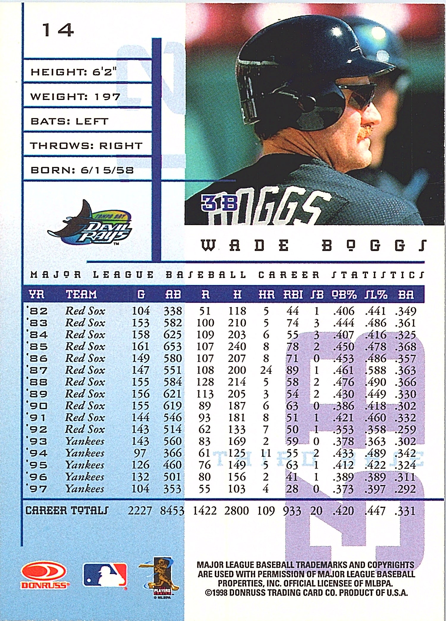 1998 Leaf Rookies & Stars Wade Boggs #14 Tampa Bay Devil Rays Excellent