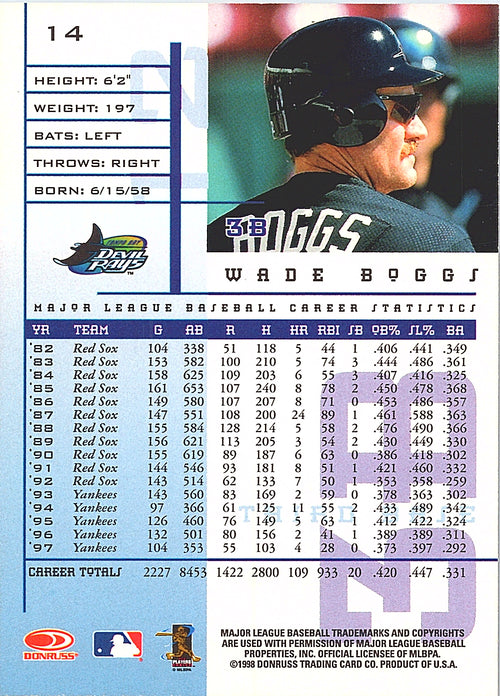 1998 Leaf Rookies & Stars Wade Boggs #14 Tampa Bay Devil Rays Excellent