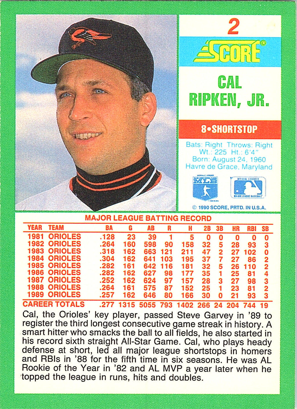 1990 Score Cal Ripken, Jr. #2 Baltimore Orioles Excellent