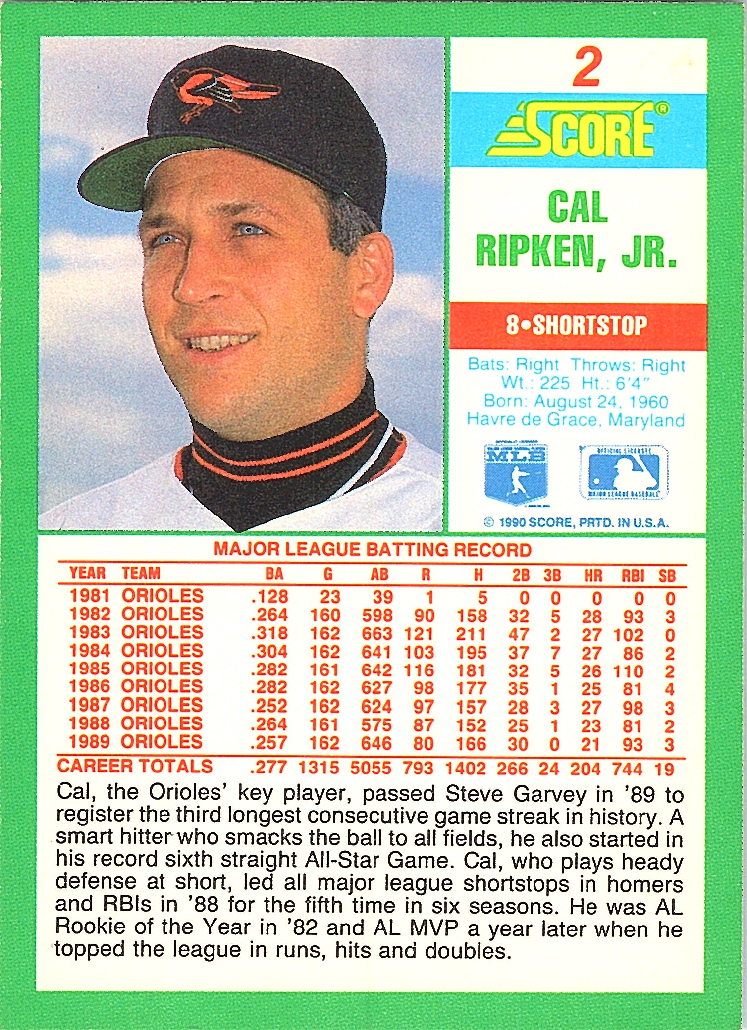 1990 Score Cal Ripken, Jr. #2 Baltimore Orioles Excellent