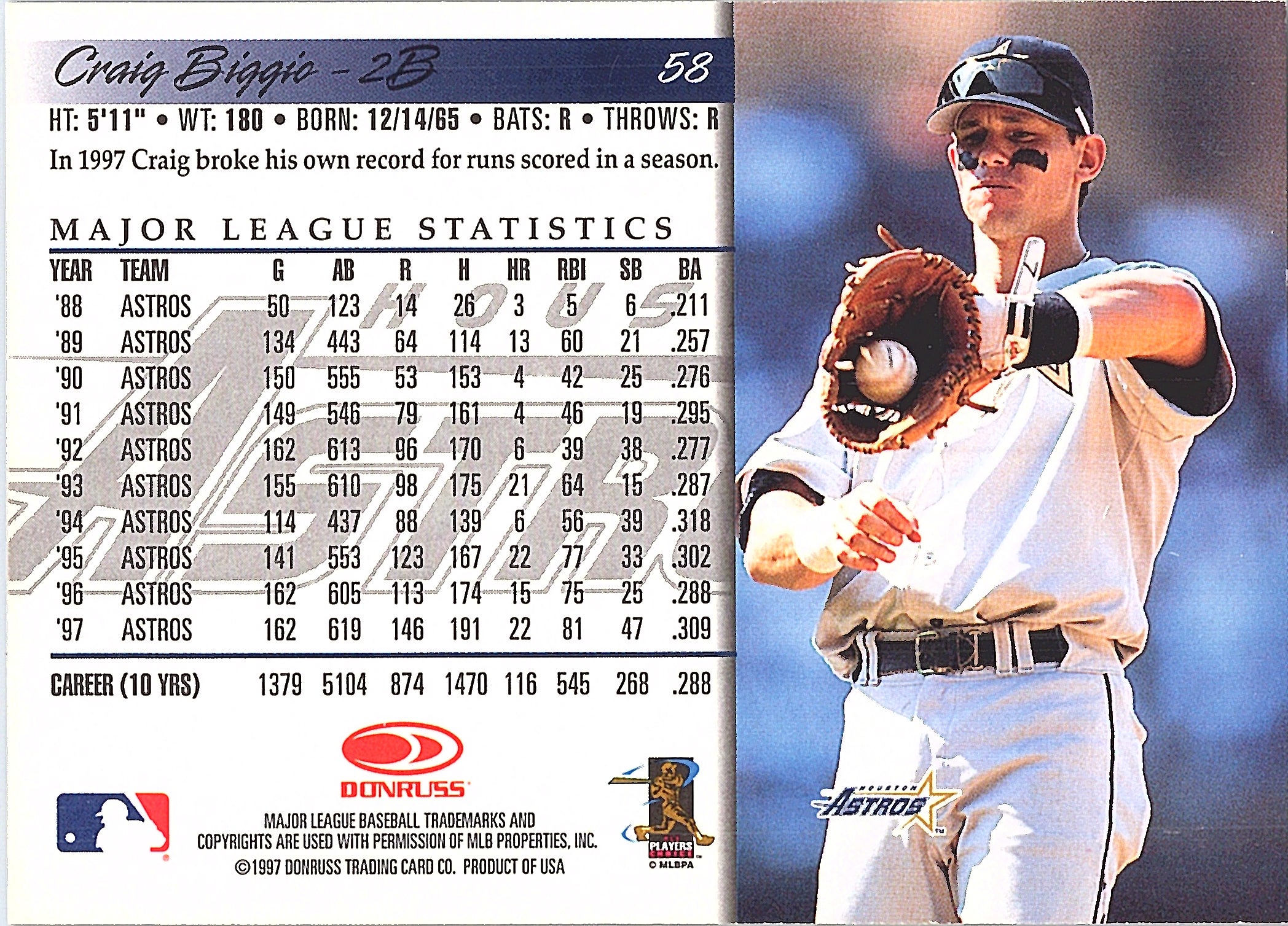 1998 Donruss Craig Biggio #58 Houston Astros Excellent