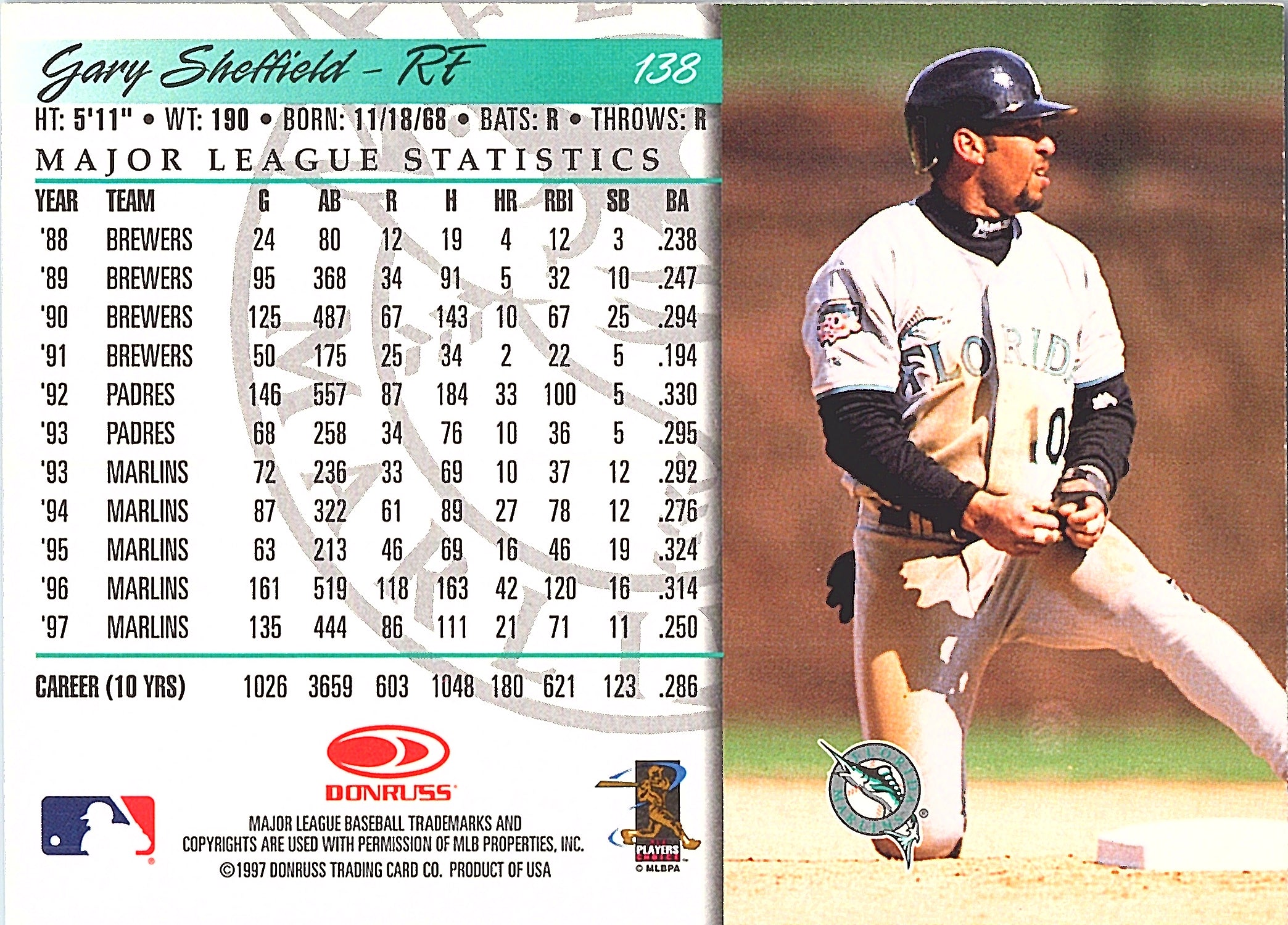 1998 Donruss Gary Sheffield #138 Florida Marlins Excellent