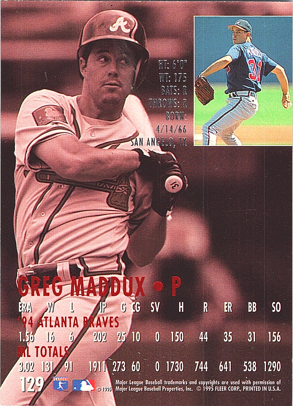 1995 Ultra Greg Maddux #129 Atlanta Braves Excellent