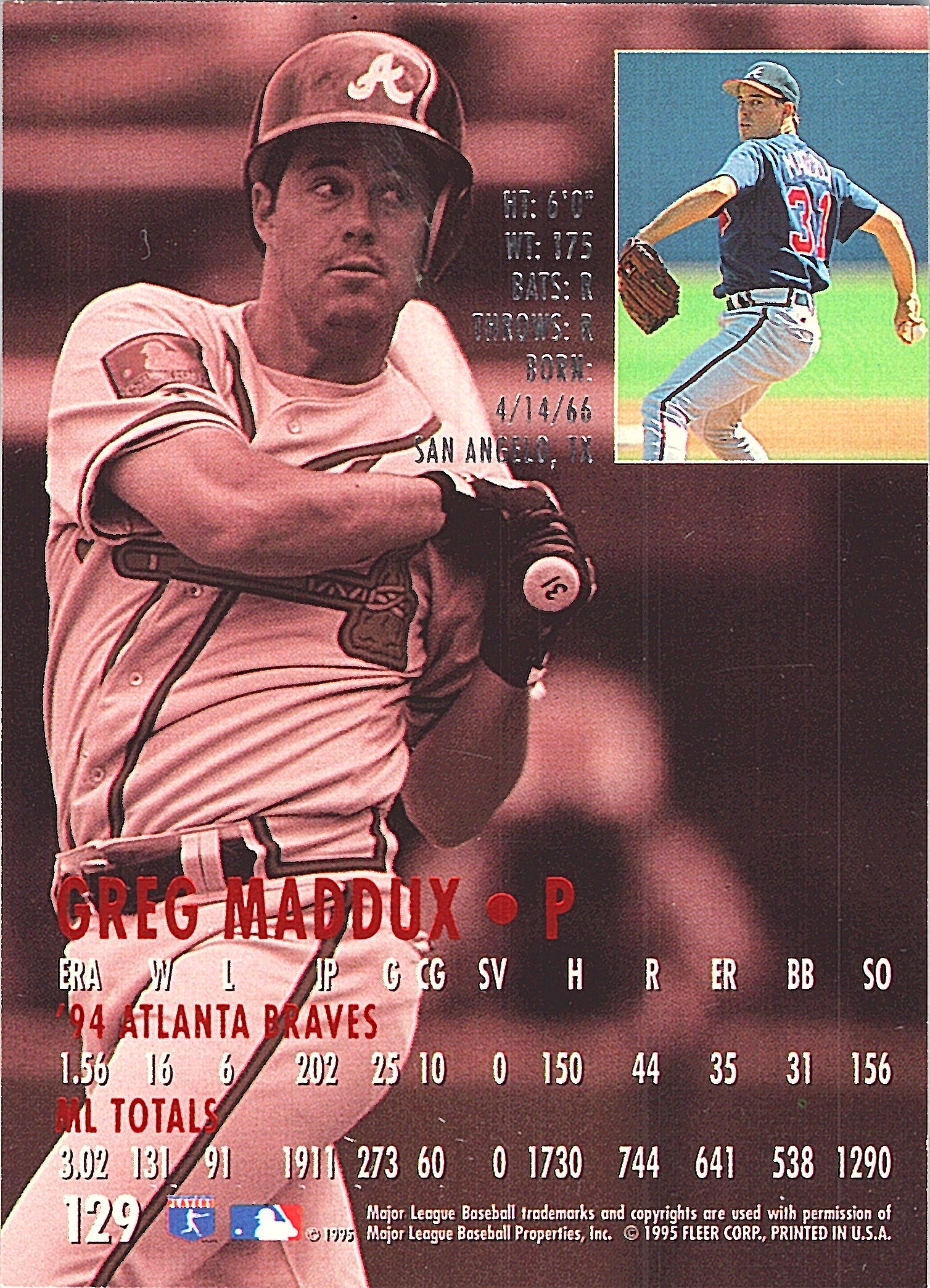 1995 Ultra Greg Maddux #129 Atlanta Braves Excellent