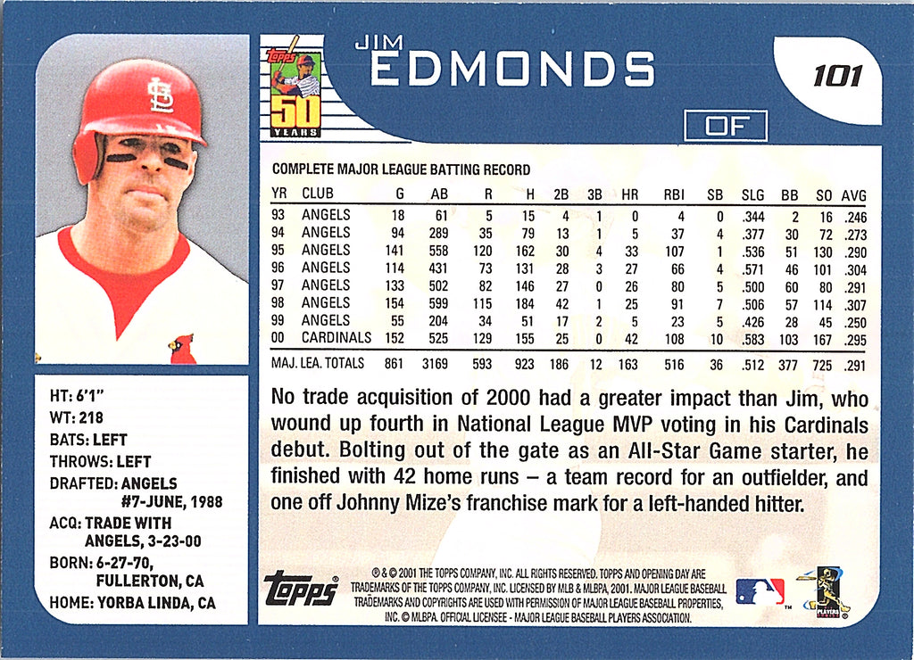 2001 Topps Opening Day Jim Edmonds #101 St. Louis Cardinals Excellent